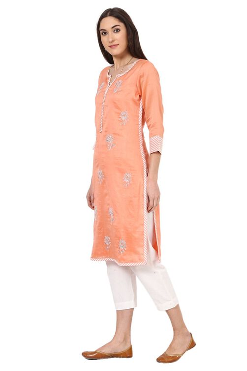 Peach Straight Poly Chanderi Kurta image number 2