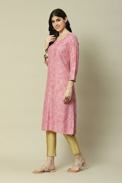 Pink LIVA Straight Printed Kurta image number 2