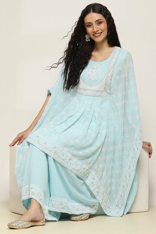 Aqua Printed Kaftan-Style Flared Kurta Set image number 0