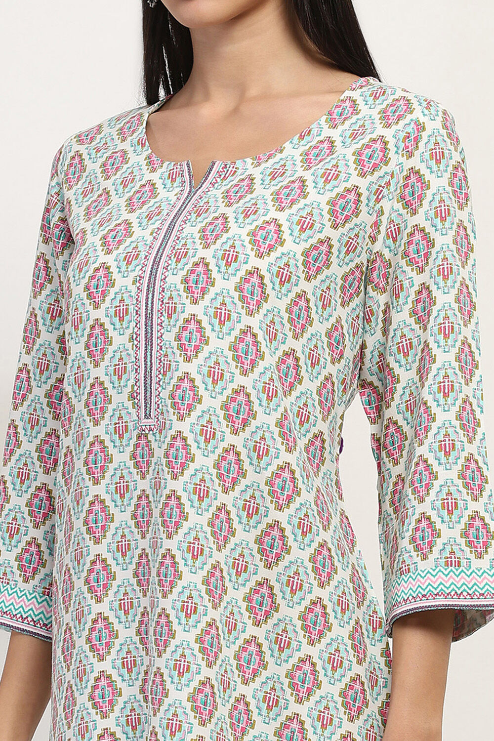 White and Teal Printed Straight Kurta image number 1