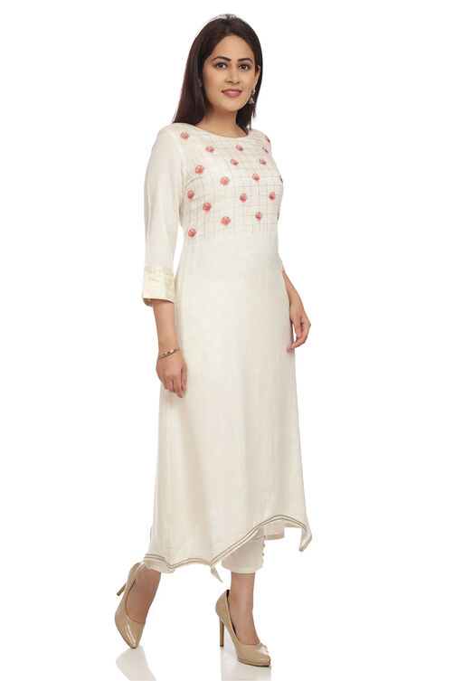 Ecru Asymmetric Viscose Kurta image number 2