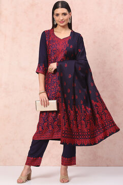 Navy Blue Art Silk Straight Suit Set image number 0