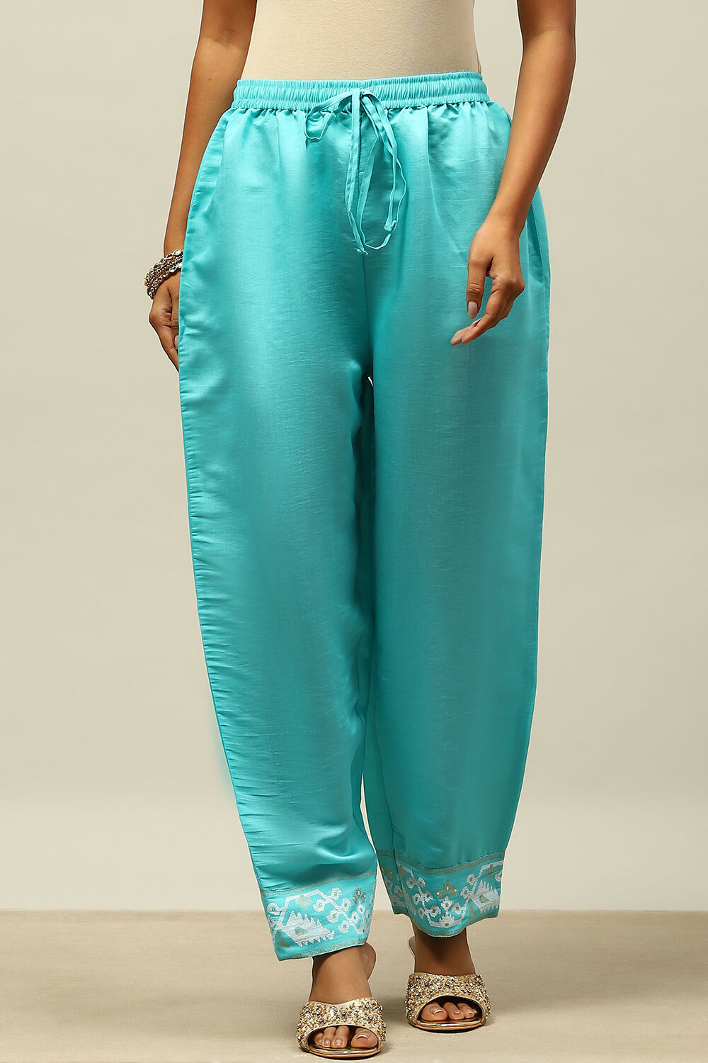 Blue Viscose Blend Straight Palazzos image number 4