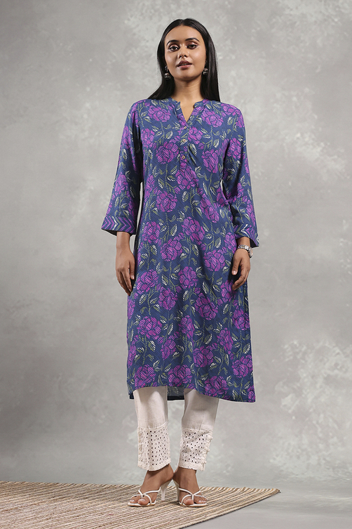 Blue Floral Printed Straight Kurta image number 5