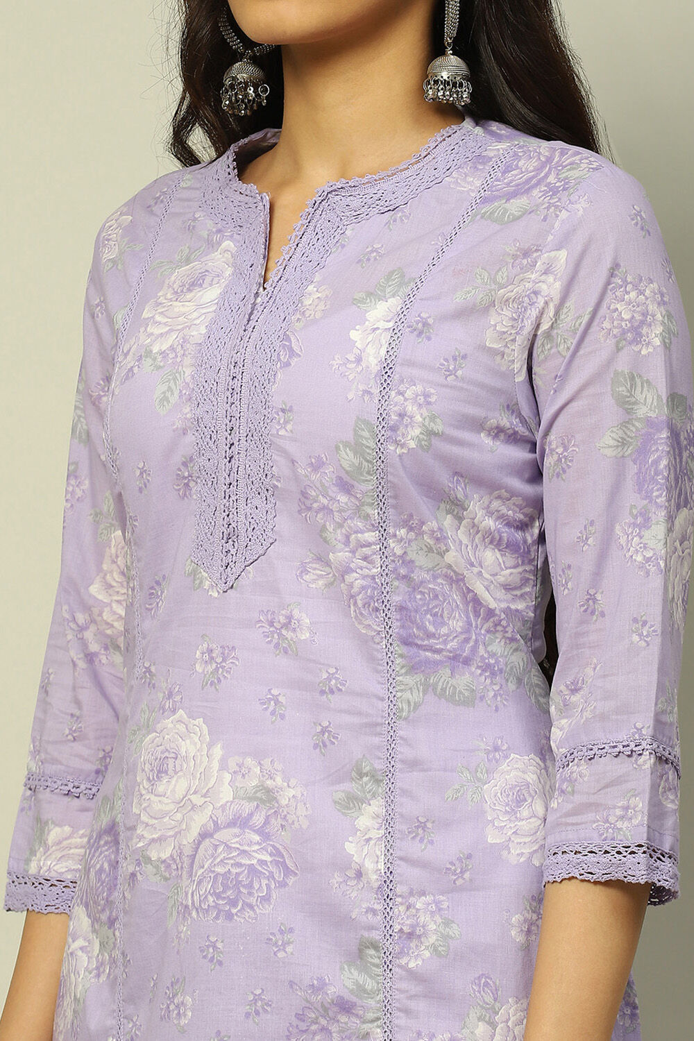 Lilac Cotton Printed Straight Suit Set image number 1