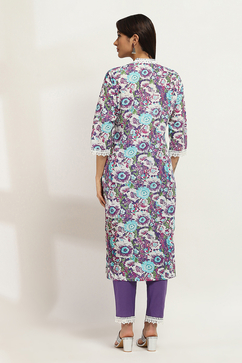 Purple Cotton Floral Straight Kurta Set image number 4