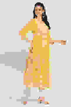 Mustard Yellow Printed Flared Kurta image number 4