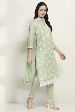Sage Green Cotton Embroidered Straight Suit Set image number 5