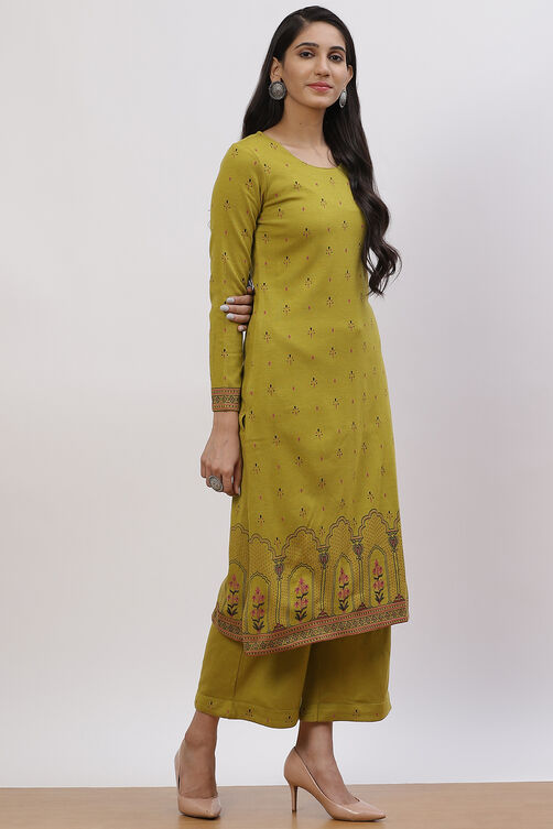 Olive Green Acrylic Straight Suit Set image number 3