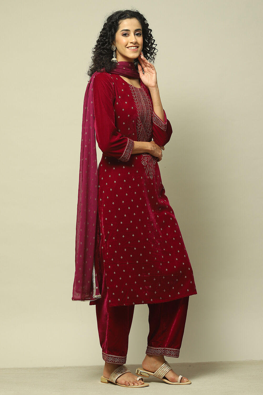 Wine Polyester Straight Printed Kurta Palazzo Suit Set image number 6