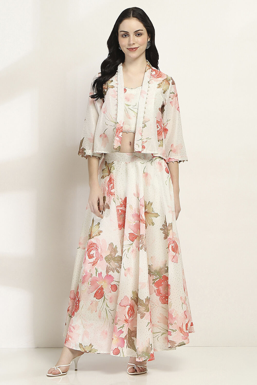 Off White Viscose Blend Skirt Set image number 6