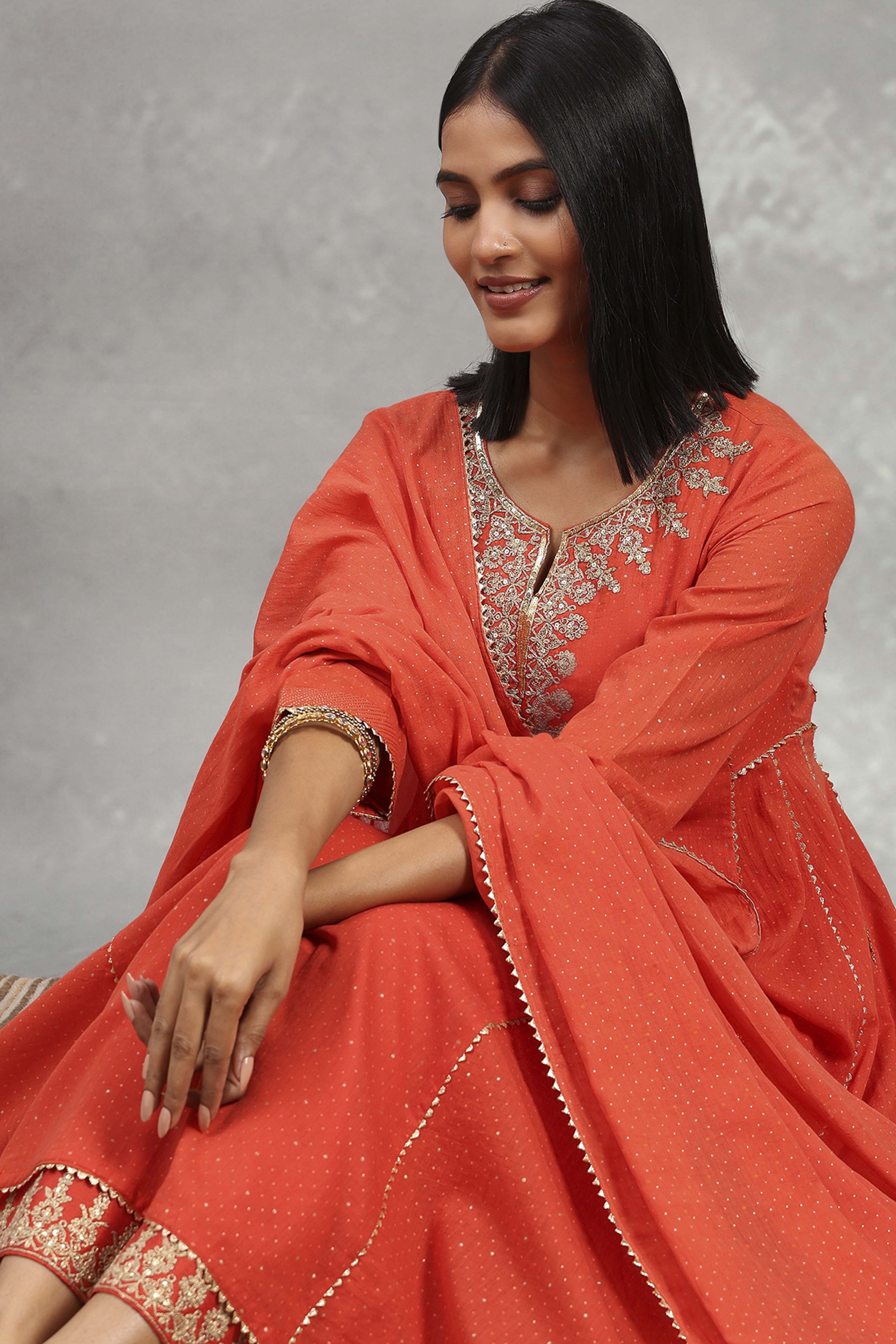 Orange Cotton Printed Kalidar Suit Set image number 0