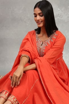 Orange Cotton Printed Kalidar Suit Set image number 0
