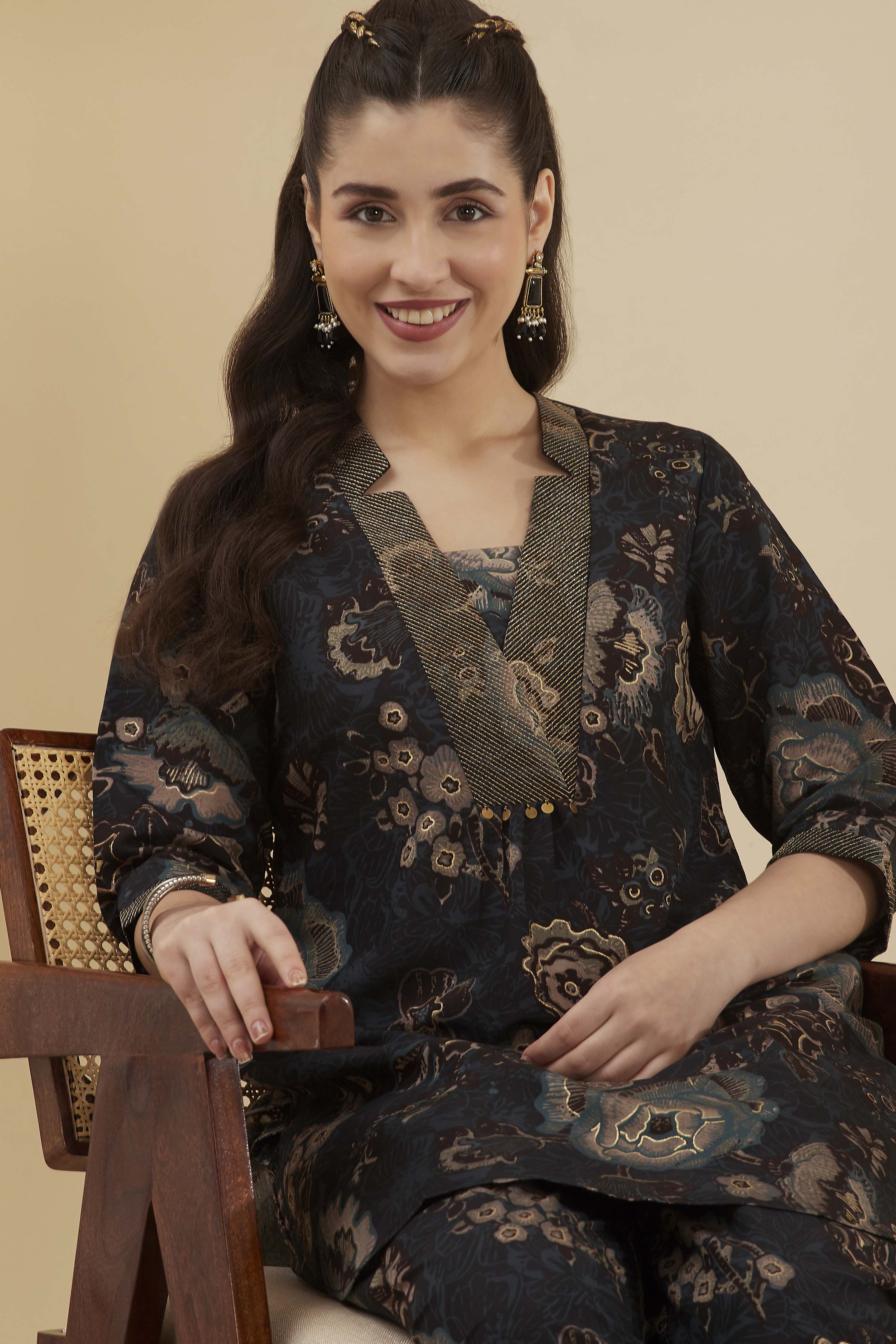 Navy Viscose Blend Printed Straight Kurta Set image number 1