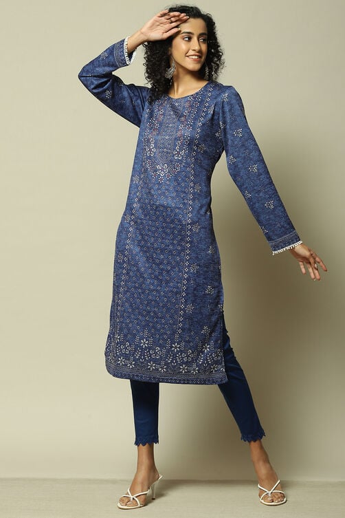 Blue Acrylic Straight Printed Kurta image number 0