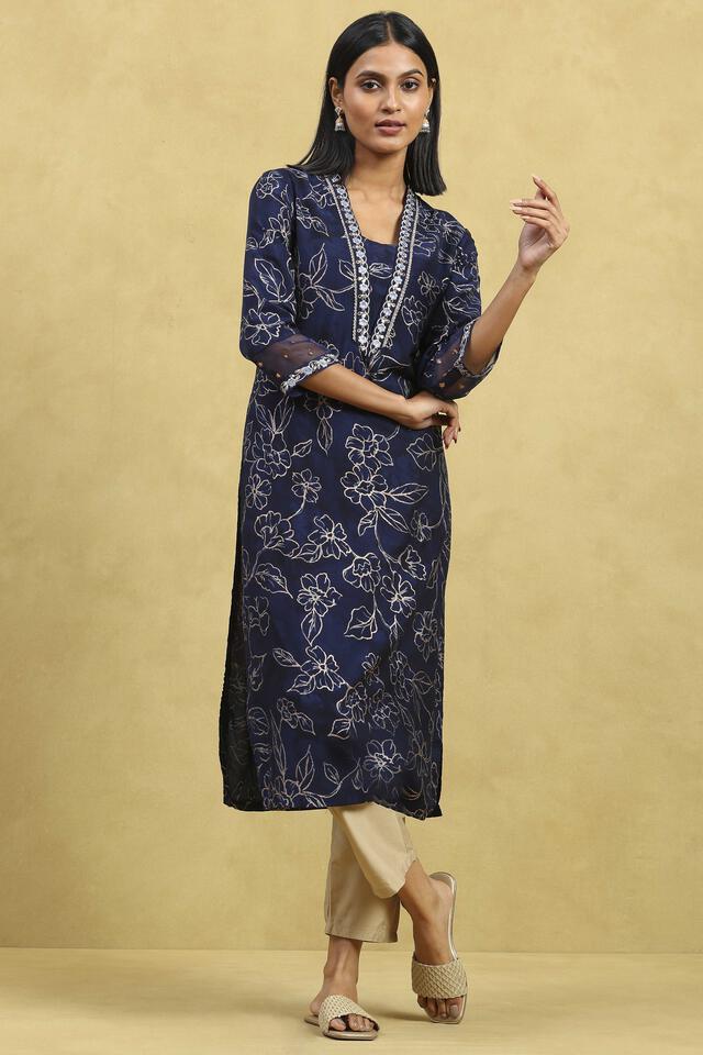 Rangriti Indigo Blue Viscose Blend Printed Straight Kurta in Indigo Blue