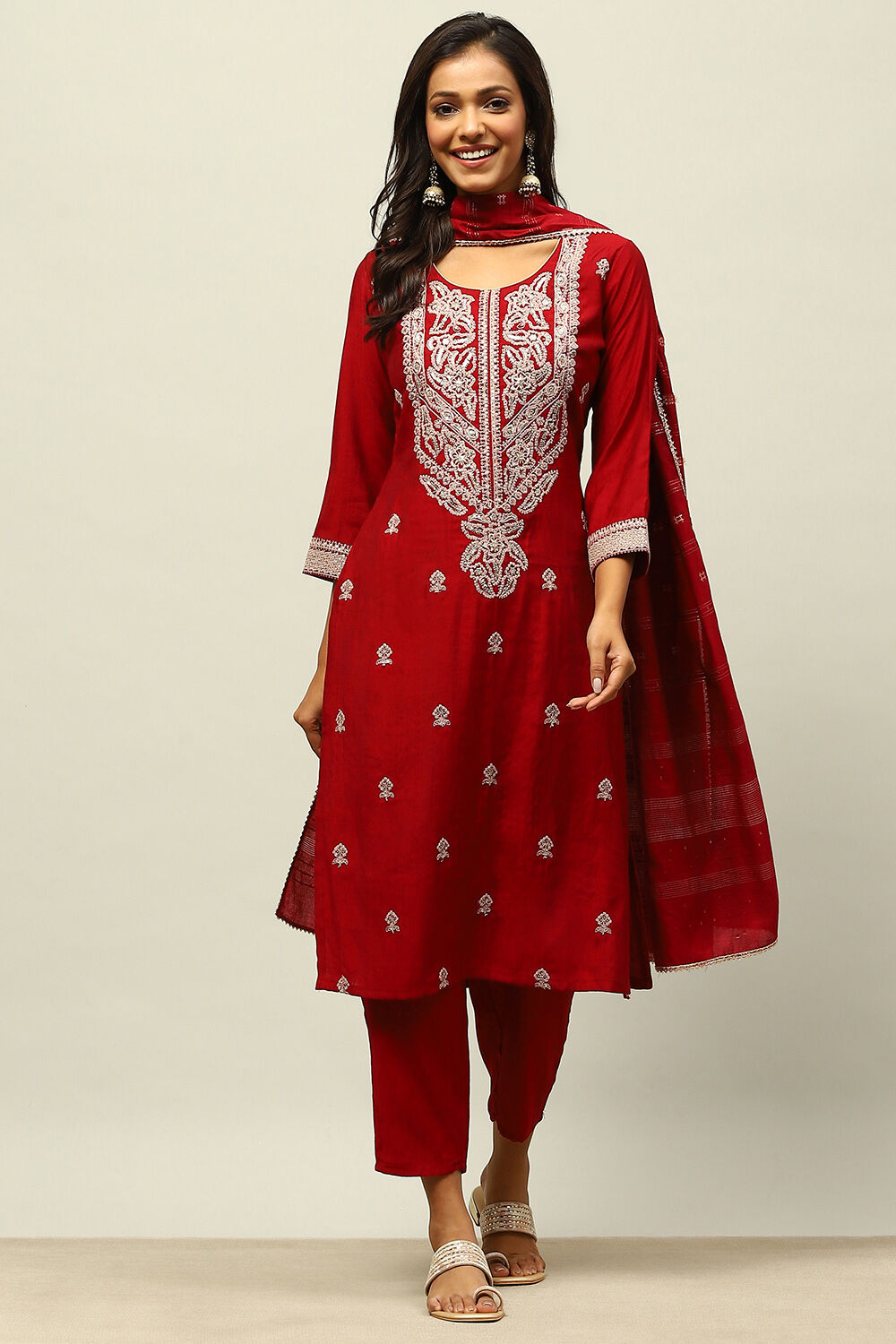 Maroon Viscose Blend Straight Embroidered Kurta Palazzo Suit Set image number 0