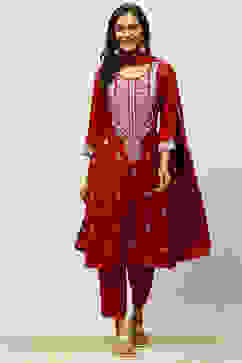 Maroon Viscose Blend Straight Embroidered Kurta Palazzo Suit Set image number 0
