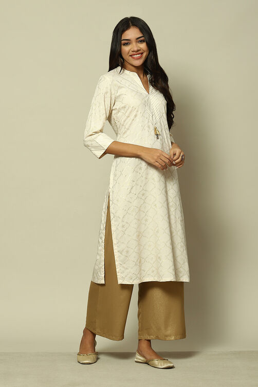 Cream LIVA Straight Printed Kurta image number 3