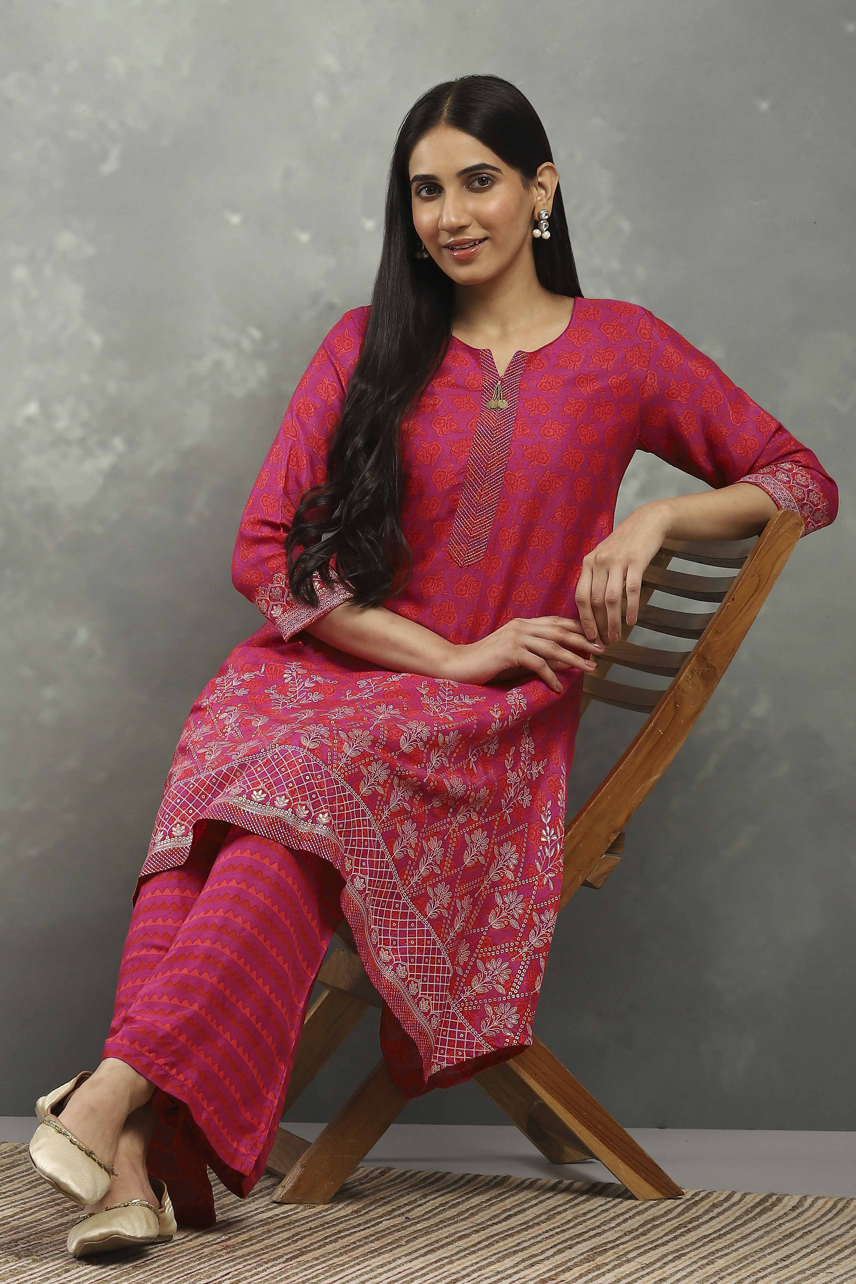 Purple Viscose Straight Kurta Pants Set image number 0