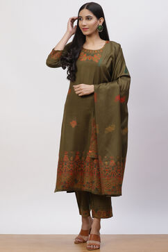 Olive Green Acrylic Straight Suit Set image number 5