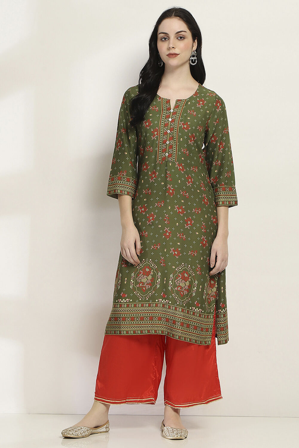 Olive Green Printed Straight Kurta image number 5
