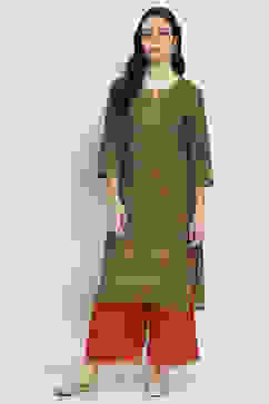 Olive Green Printed Straight Kurta image number 5