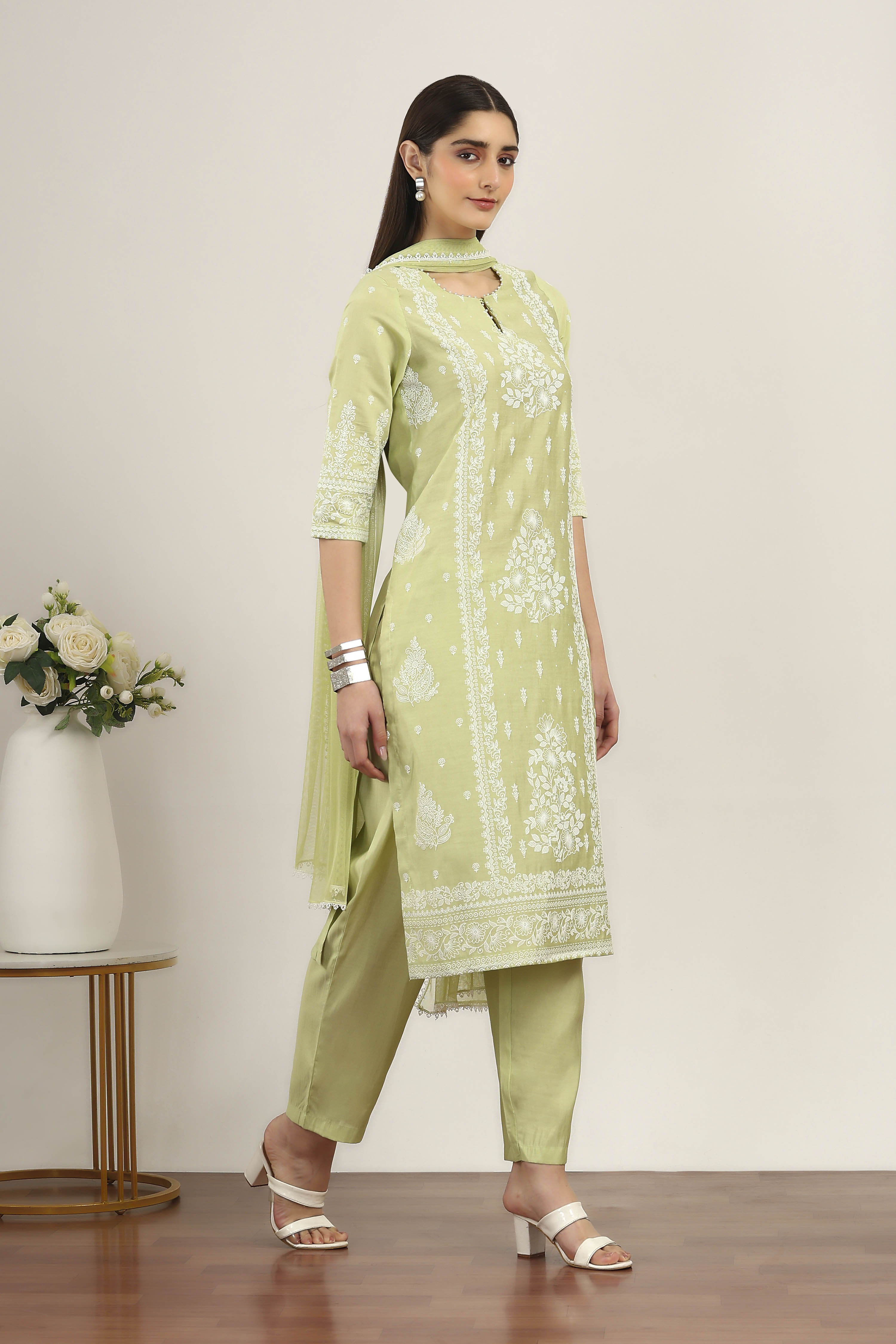 Yellow Viscose Polyester Straight Suit Sets image number 5