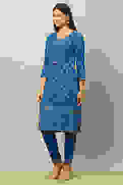 Blue Rayon Straight Printed Kurta Salwar Pants Suit Set image number 3