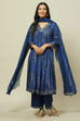 Indigo LIVA Woven Tired Kurta Suit Set image number 7