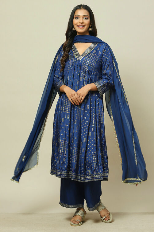 Indigo Viscose Woven Tired Kurta Suit Set image number 7