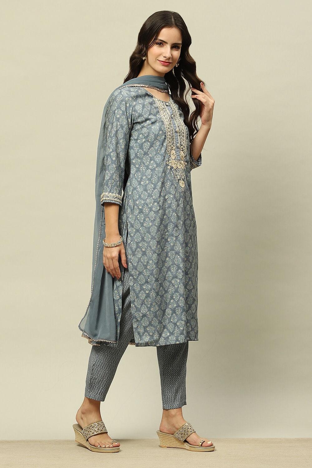 Blue Viscose Muslin Straight Printed Kurta Pants Suit Set image number 5