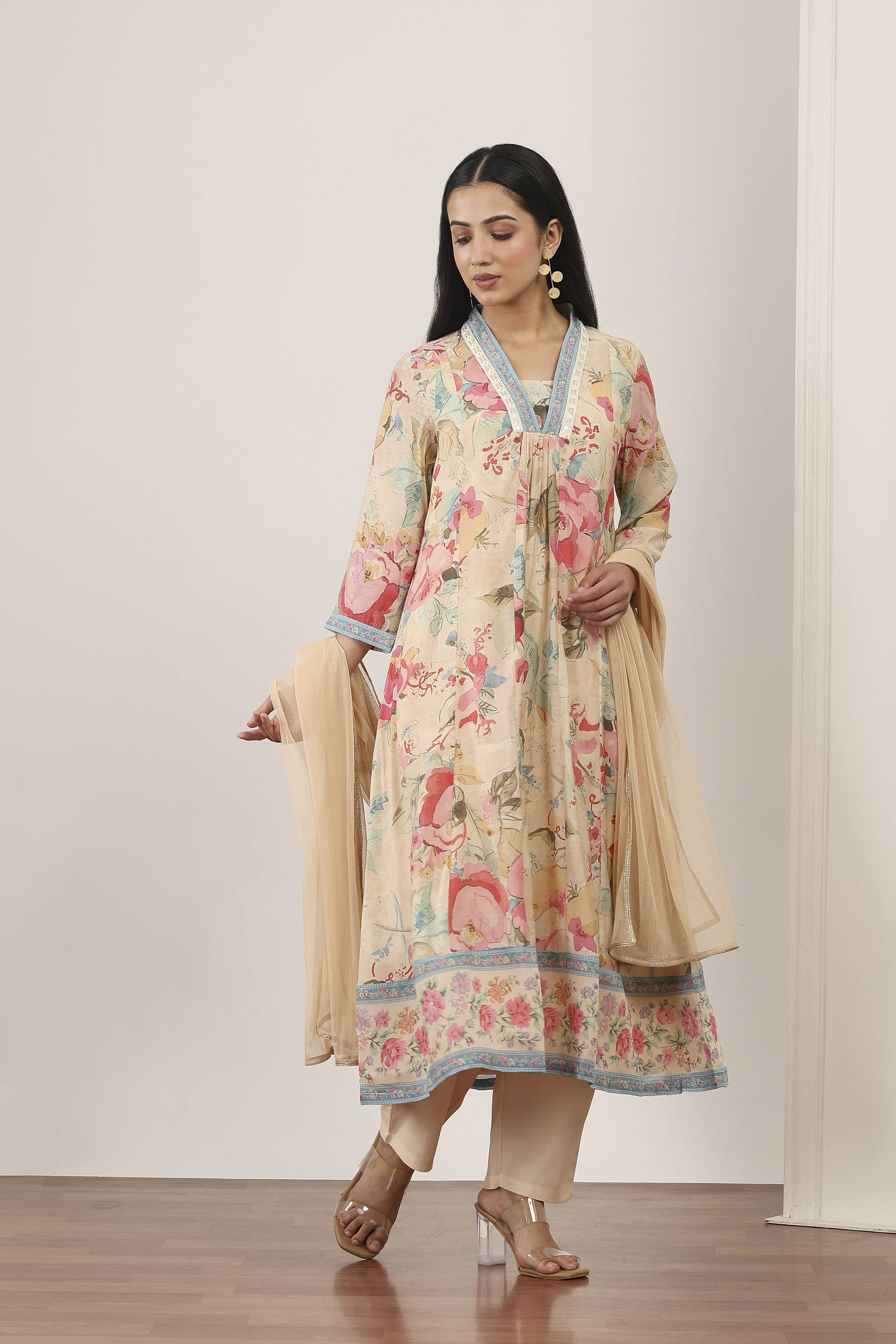 White Viscose Polyester Kalidar Suit Sets image number 5