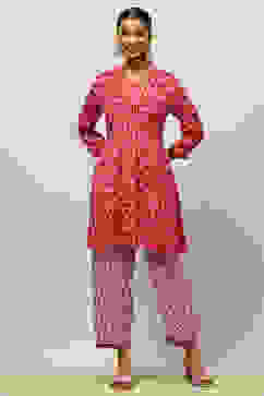 Red Viscose Blend Kalidar Printed Kurta Palazzo Suit Set image number 0