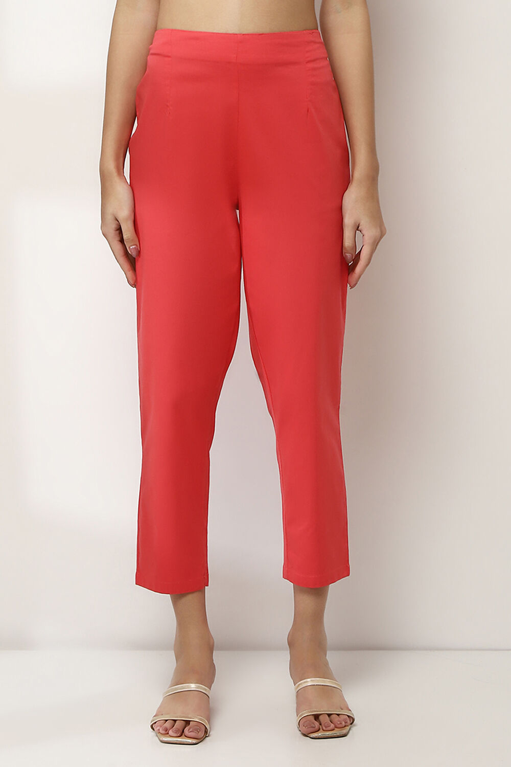 Coral Cotton Lycra Solid Regular Pants image number 5