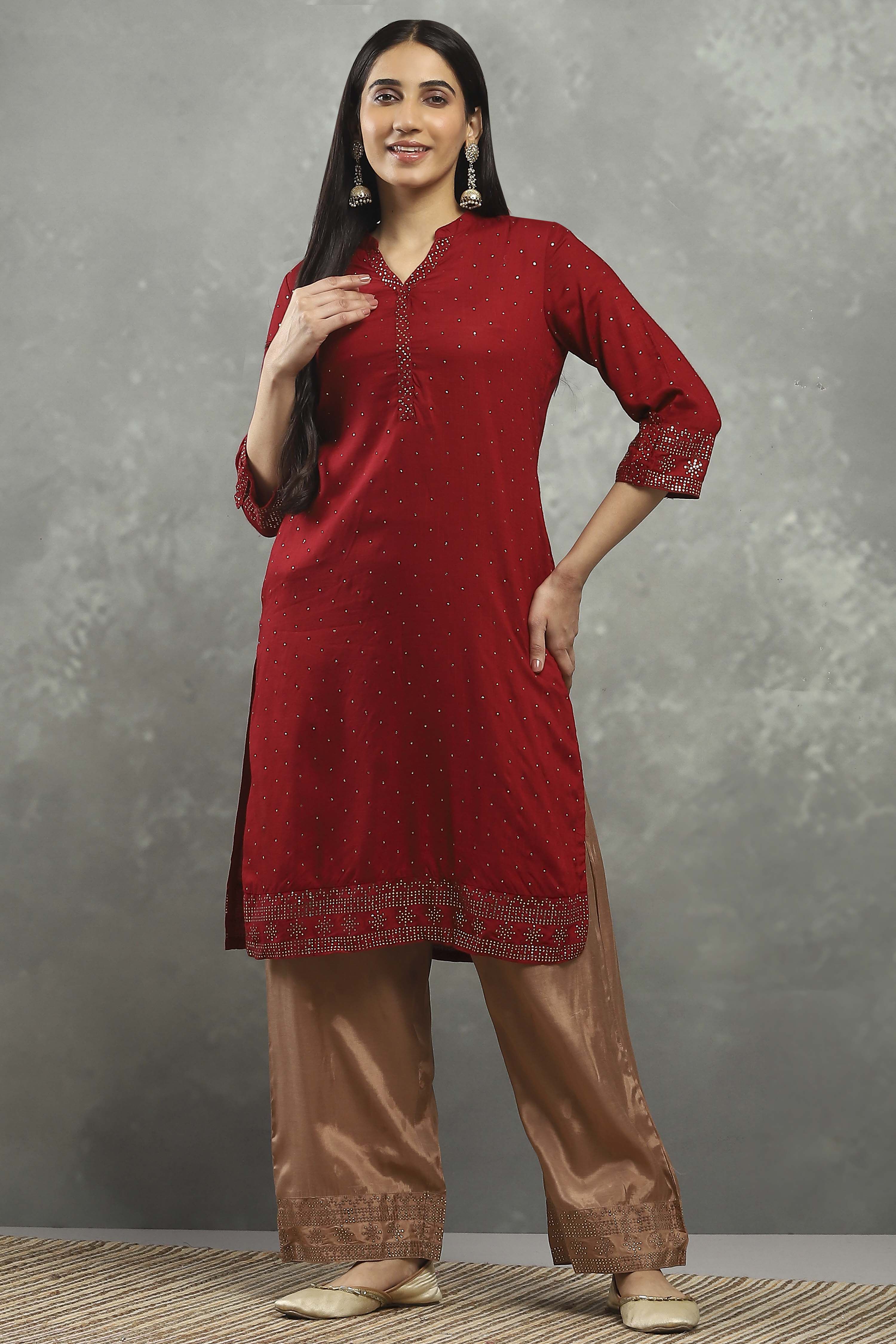 Maroon Viscose Straight Kurta Pants Set image number 6