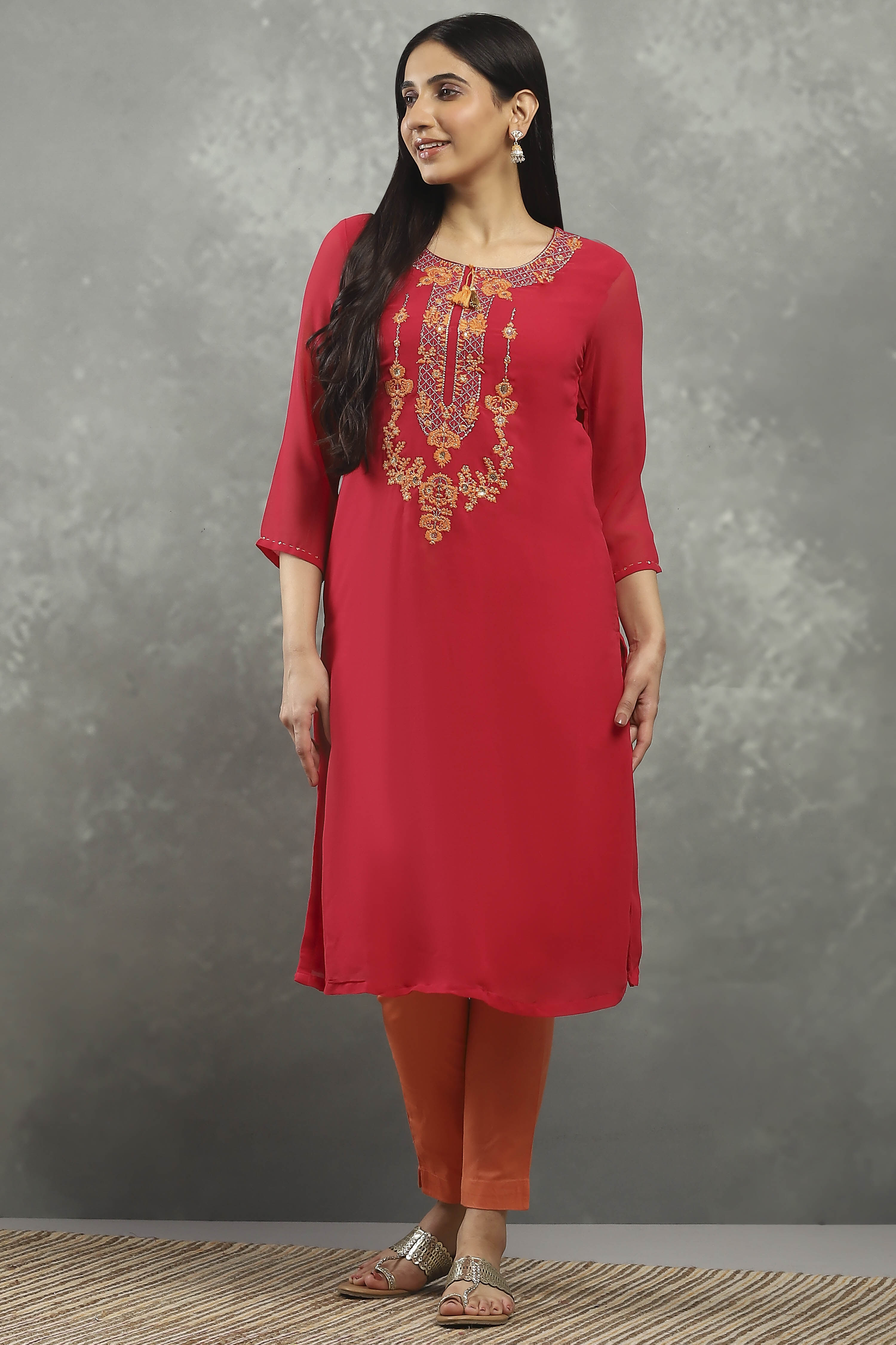 Pink Viscose Flared Kurta Pants Set image number 6