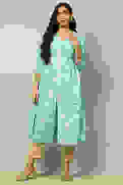 Aqua Blue Viscose Printed Gathered A-Line Kurta image number 0