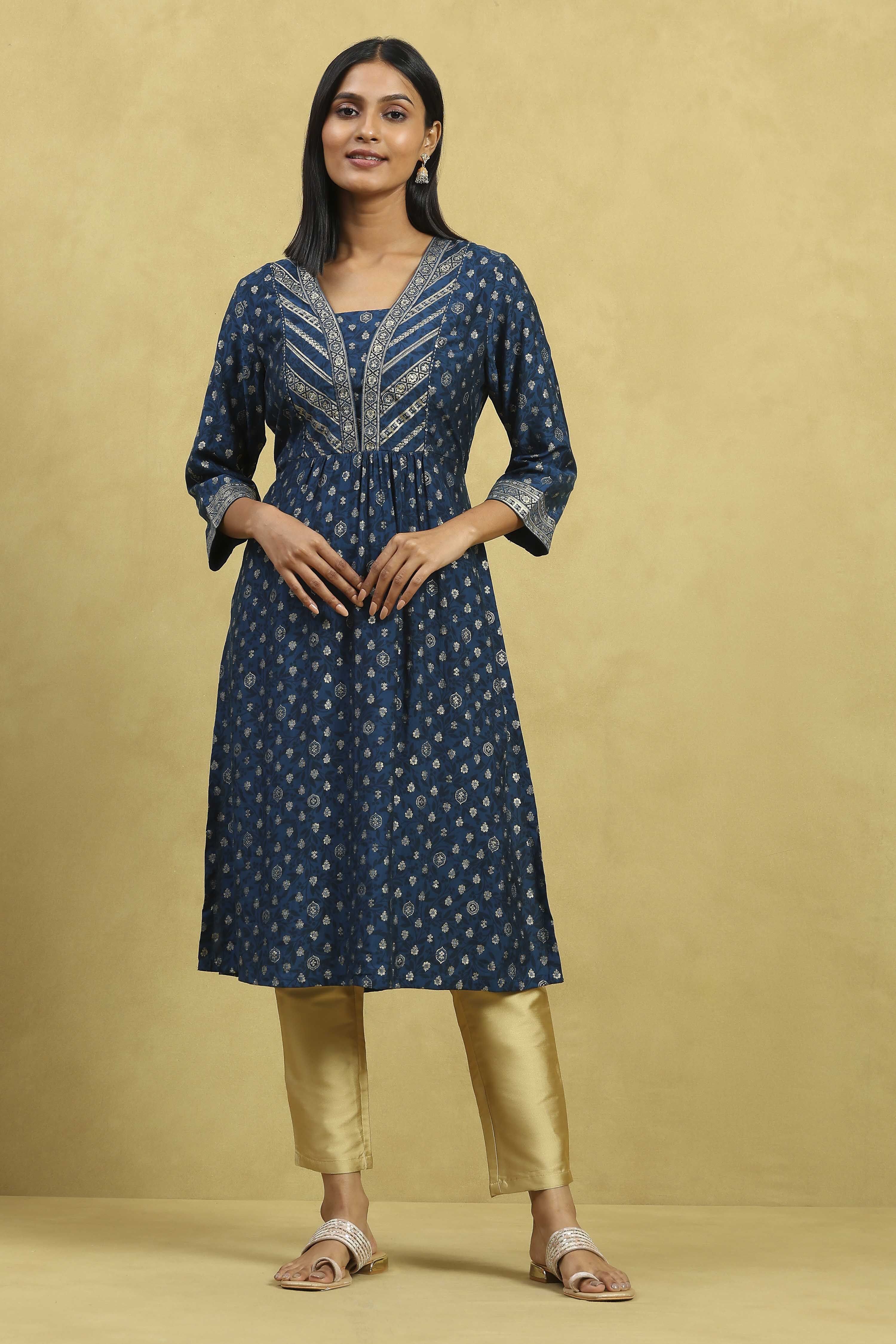 Blue Viscose Blend Printed Gathered Kurta image number 5
