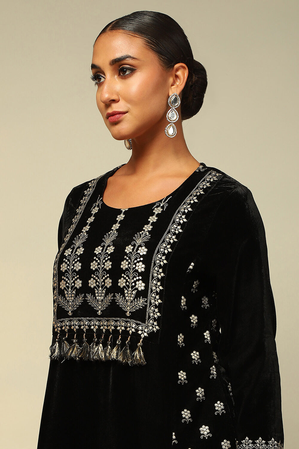 Black Poly Velvet A-Line Printed Kurta Salwar Suit Set image number 1