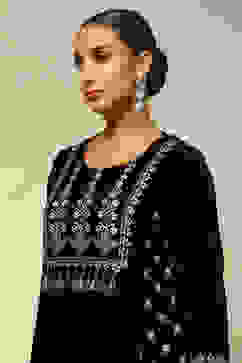 Black Poly Velvet A-Line Printed Kurta Salwar Suit Set image number 1