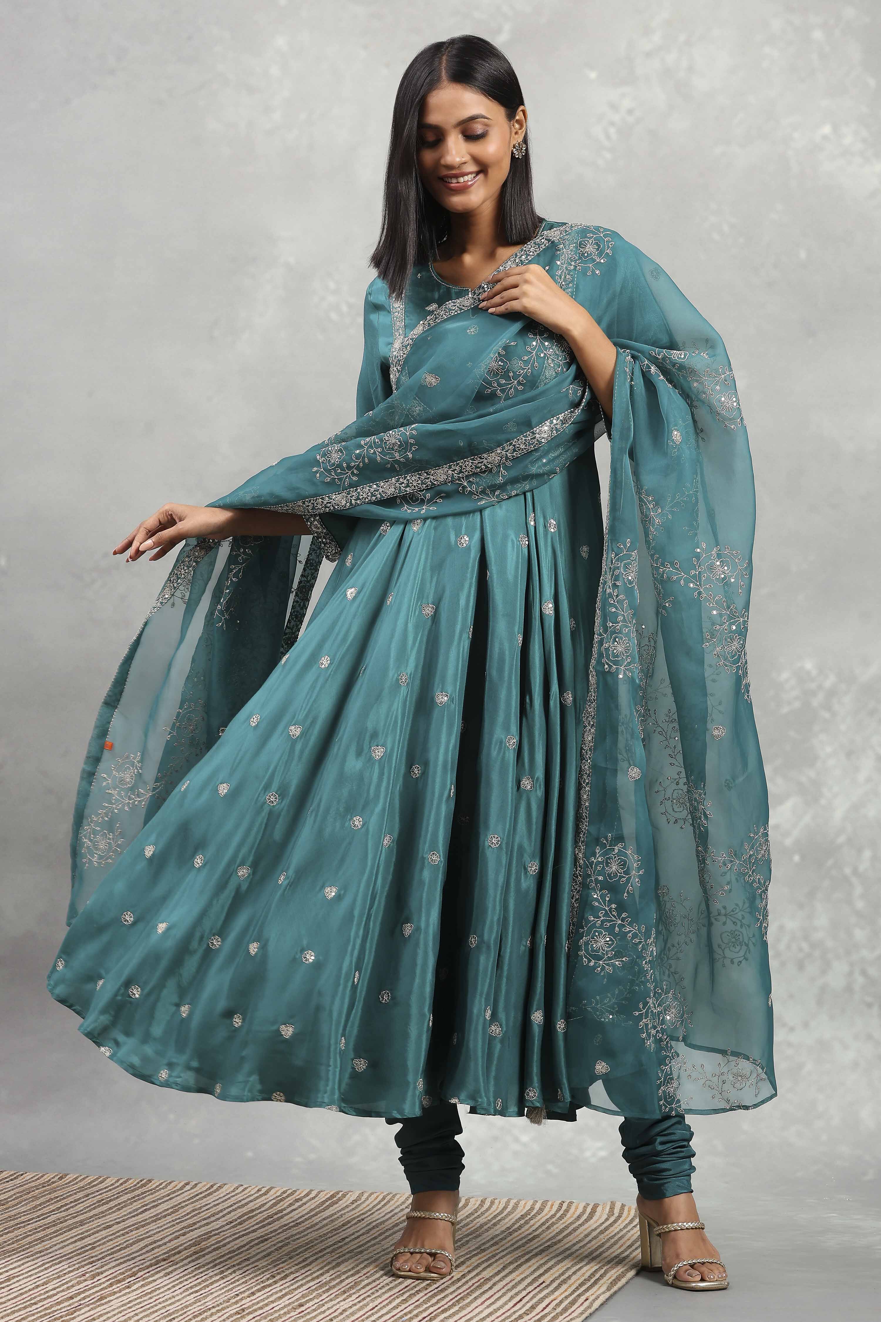 Teal Green Viscose Rayon Embroidered Anarkali Suit Set image number 0