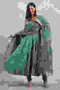 Teal Green Viscose Rayon Embroidered Anarkali Suit Set image number 0