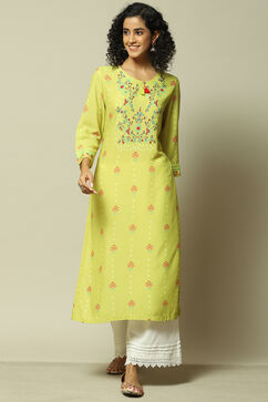 Lime Yellow LIVA Straight Printed Kurta image number 0