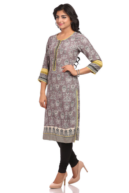 Grey Straight Rayon Kurta image number 3