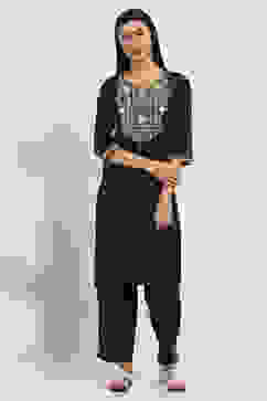 Navy Blue Cotton Blend Straight Kurta Set image number 6