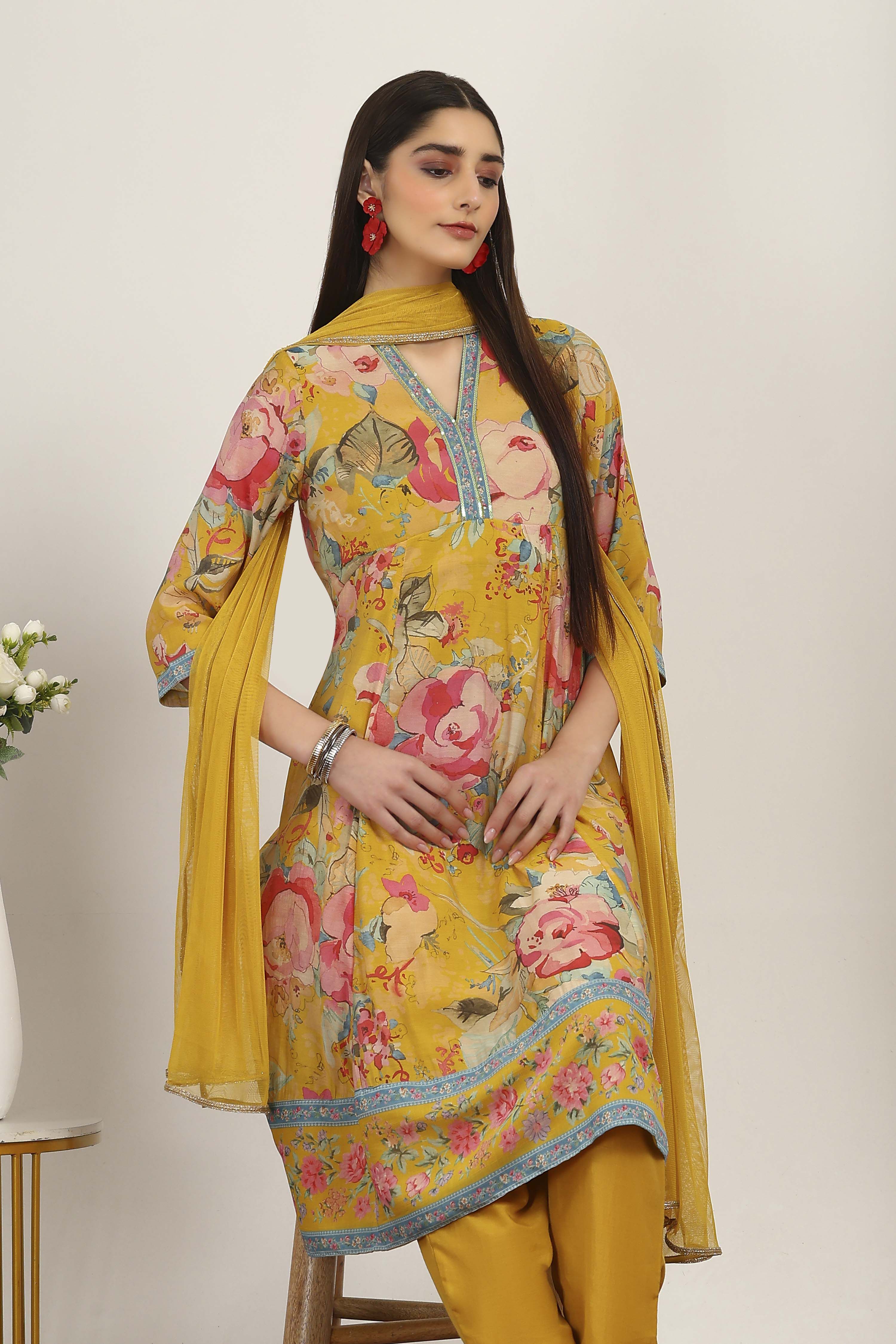 Yellow Viscose Polyester Kalidar Suit Sets image number 6