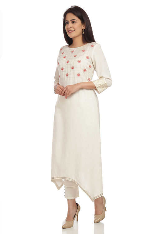 Ecru Asymmetric Viscose Kurta image number 3