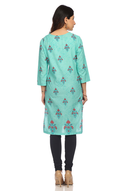 Teal Blue Straight Cambric Cotton Kurta image number 4