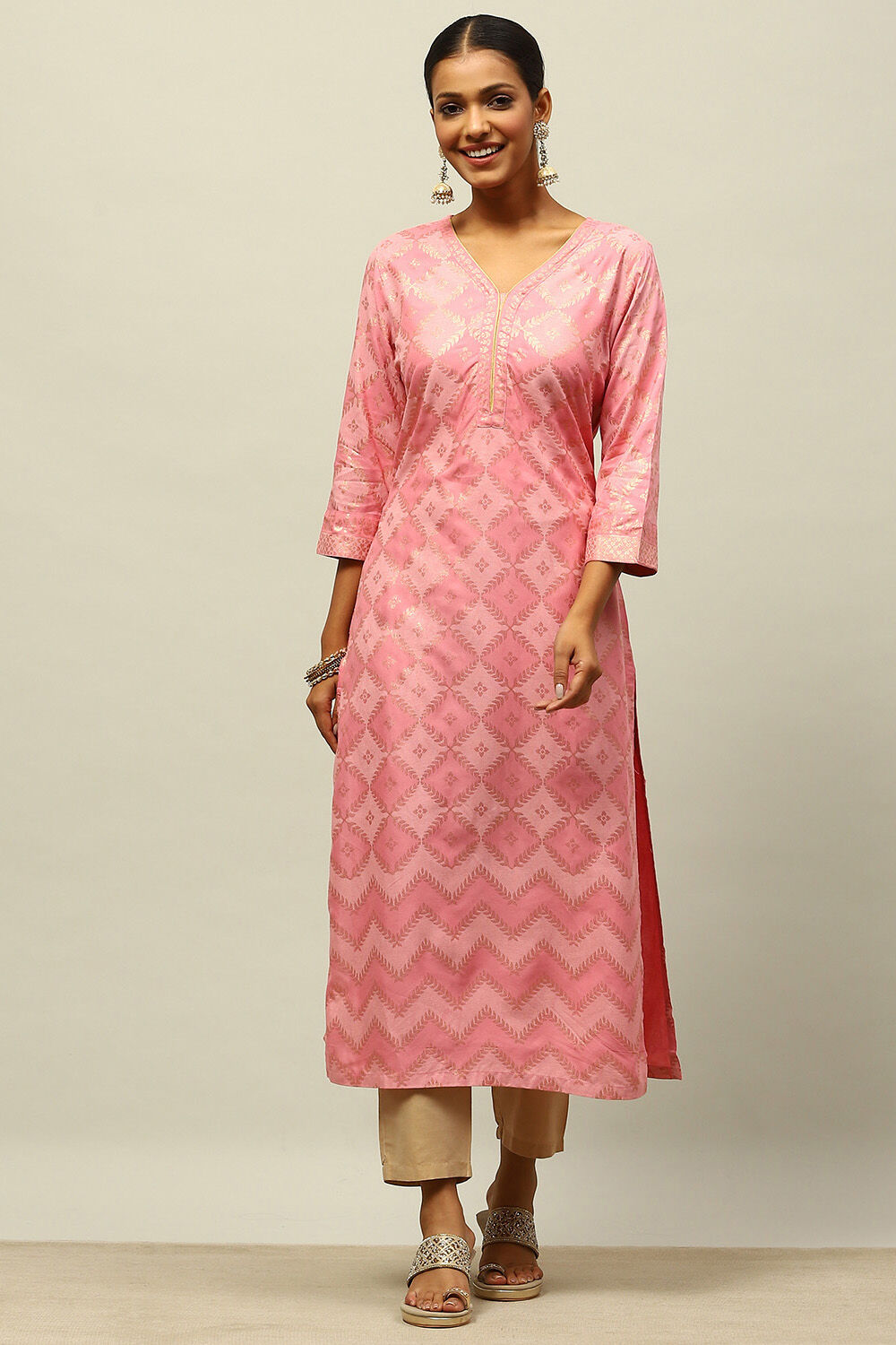 Pink Printed Straight Kurta image number 0